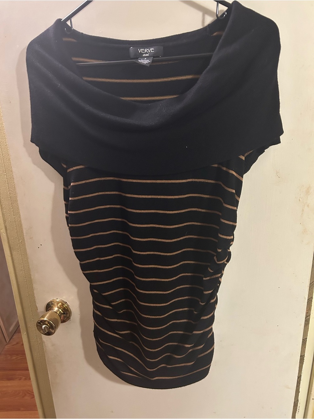 Verve Ami Black and Tan Striped Cowl Neck Womans Top